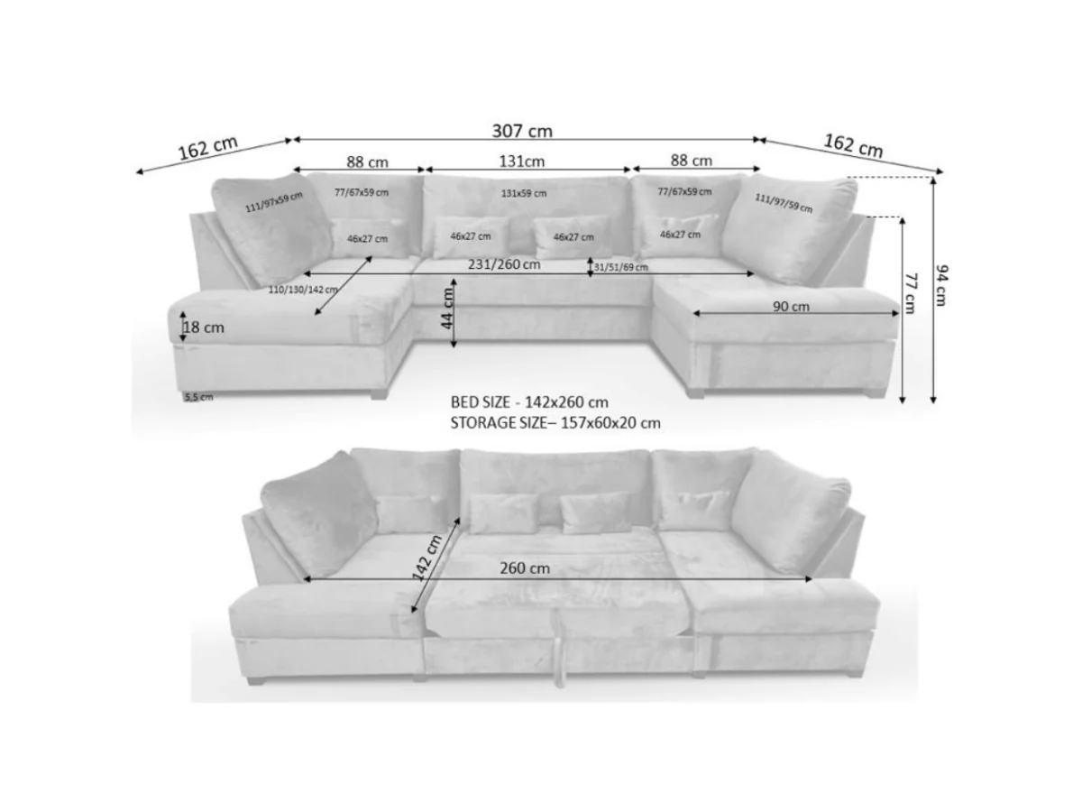 Meridian U Shape Sofa Bed with Storage Blue Plush Velvet - Image 5