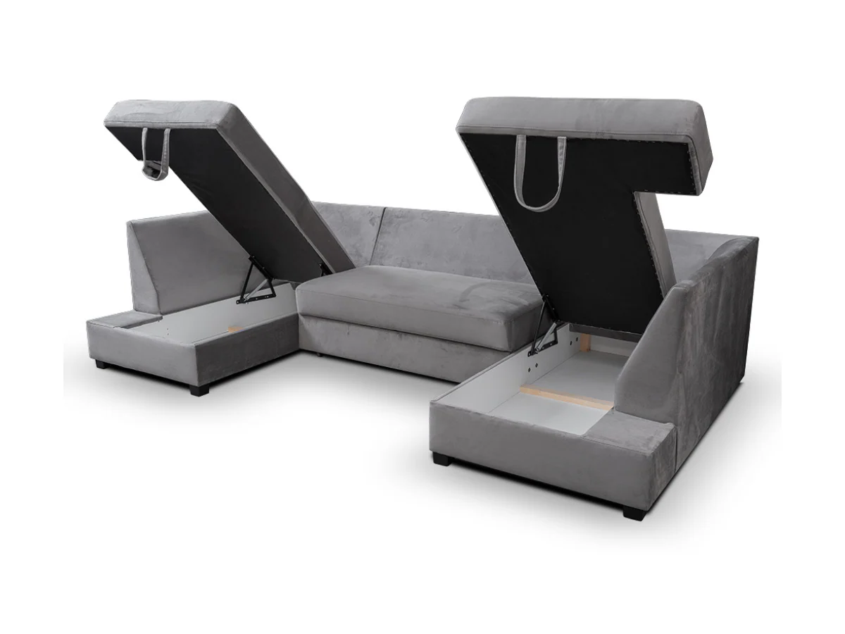 Meridian U Shape Sofa Bed with Storage Grey Plush Velvet - Image 4