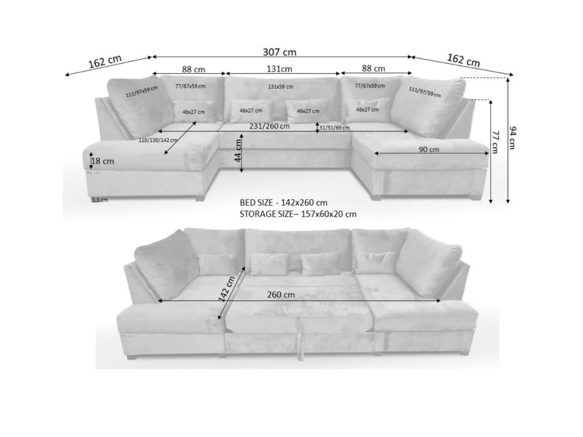 Meridian U Shape Sofa Bed with Storage Grey Plush Velvet - Image 7