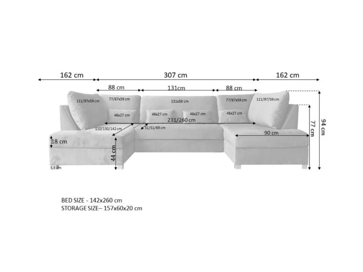 Meridian U Shape Velvet Sofa Bed with Storage - Image 13