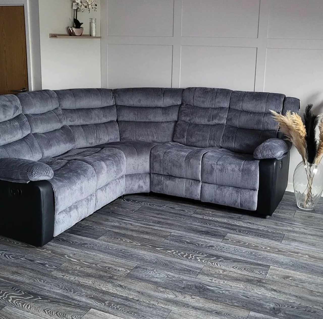 Rio Recliner Corner Sofa Grey and Black Cord and Leather with Cupholders - Image 3