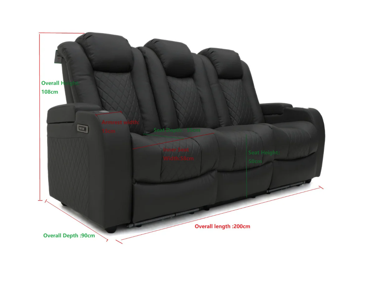 Tech 8 Smart 3 Seater Electric Recliner Sofa Black Aire Leather - Image 16