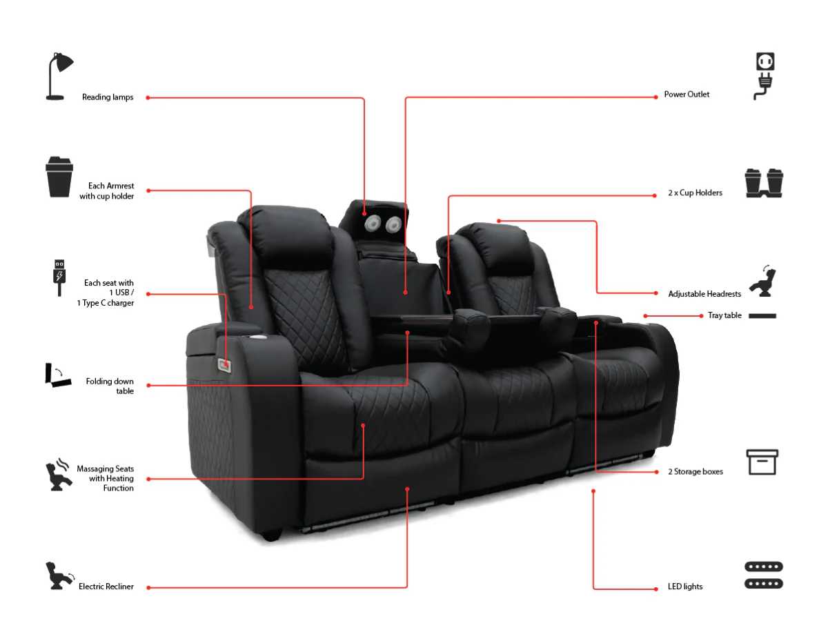Tech 8 Smart 3 Seater Electric Recliner Sofa Black Aire Leather - Image 17