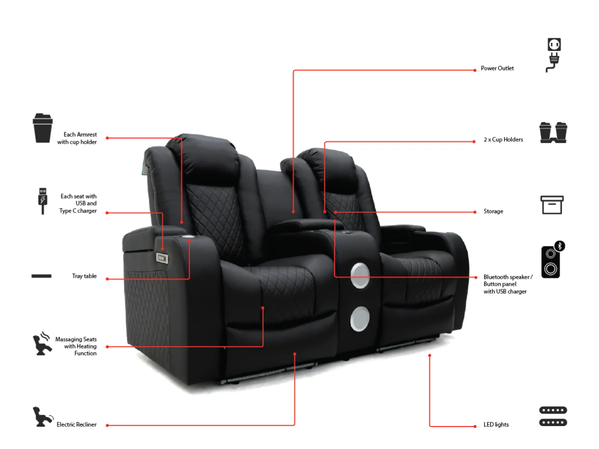 Tech 8 Smart Black 2 Seater Electric Recliner Sofa Aire Leather - Image 5
