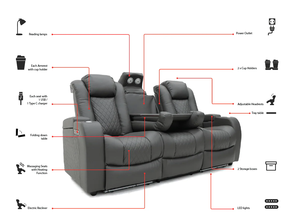 Tech 8 Smart 3+2+1 Electric Recliner Sofa Set Grey Aire Leather - Image 15