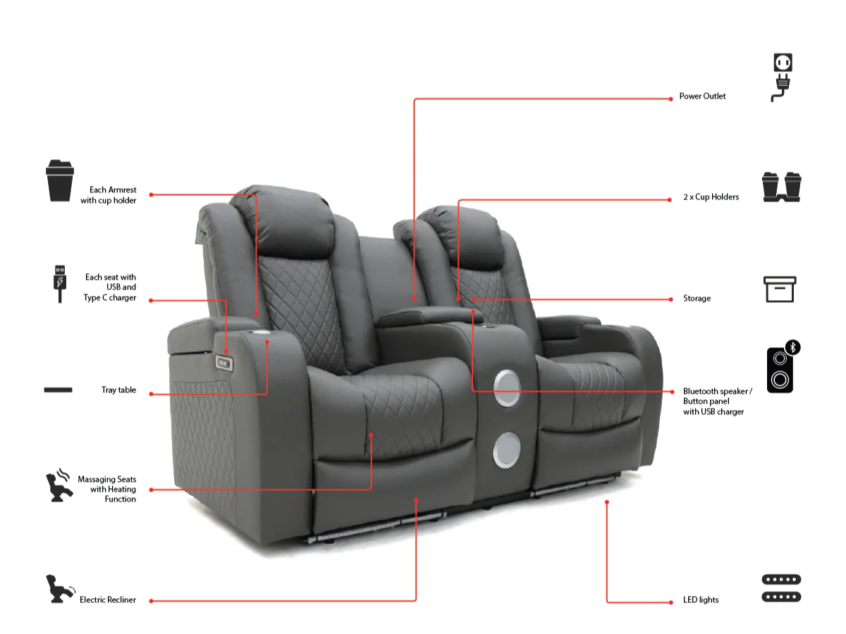 Tech 8 Smart Grey 2 Seater Electric Recliner Sofa Aire Leather - Image 8