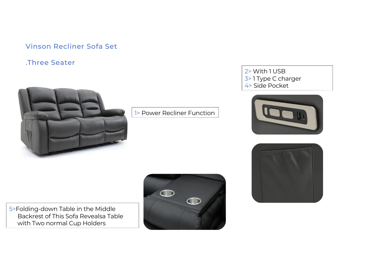 Vinson 3 Seater Electric Recliner Sofa  Black Aire Leather - Image 5
